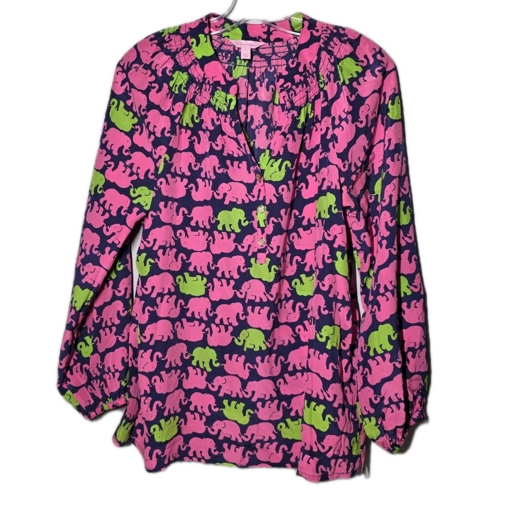 Lilly Pulitzer Silk Blouse Kissy Pink Tusk in Sun Elephant‎ Womens Sz Small  EUC